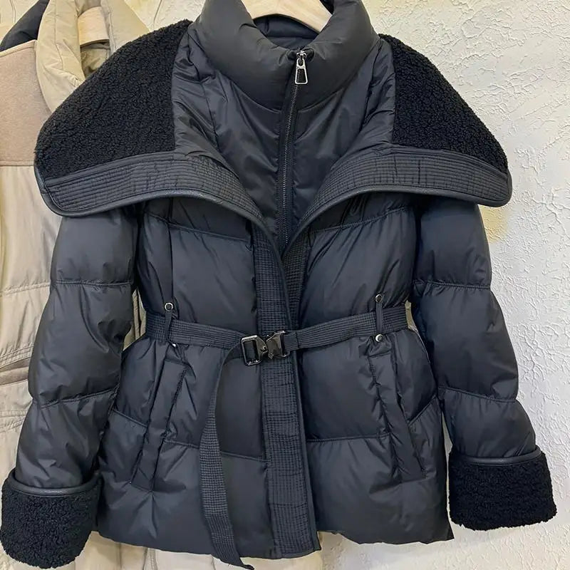 Women's Lamb Collar Patchwork Puffer Coat 2026 Winter New Short Down cotton Outerwear Long Sleeve Warm Waist Casual Zip Jacket