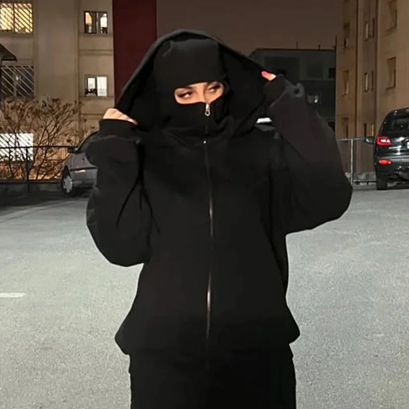 2025 Men's and Women's Balaclava Y2K Gothic Harajuku Winter Fashion Double Hooded Sportswear Men's Hooded Mask Zipper Sportswear