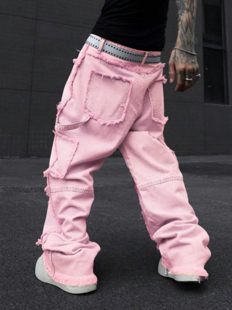 Pink Frayed Wide-Leg All-Season Cargo Denim Jeans