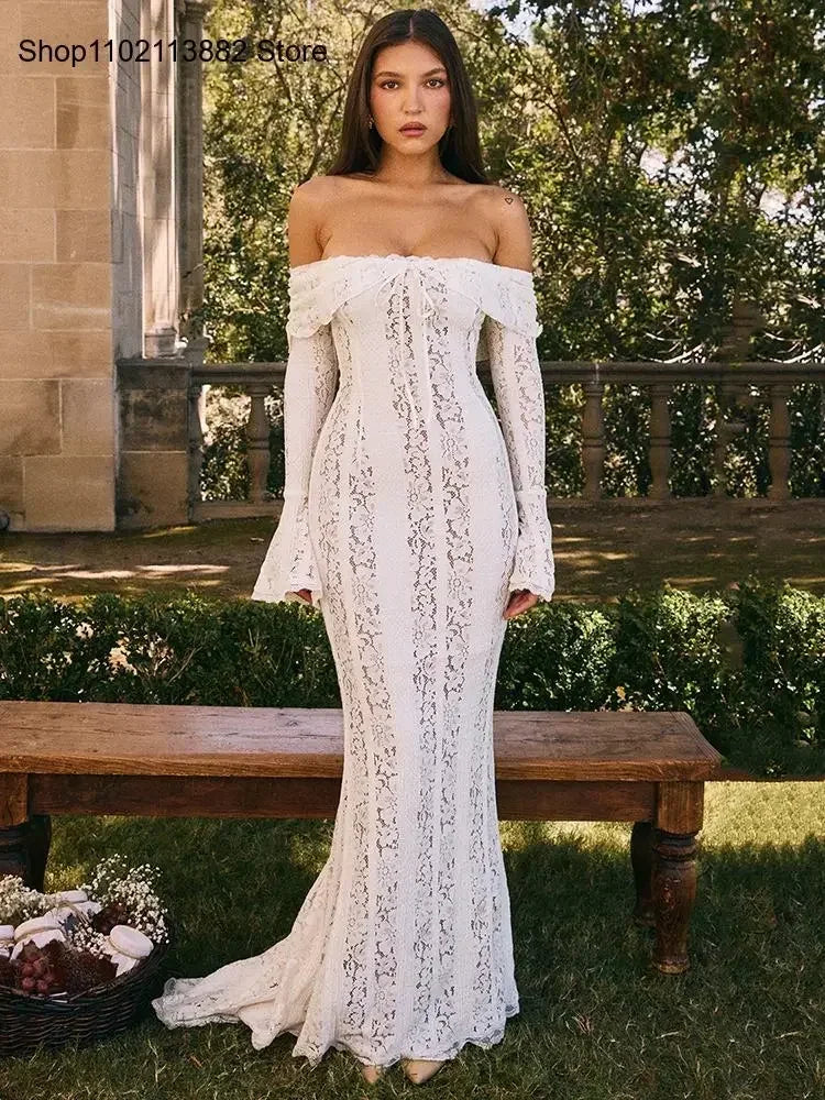 Elegant Lace Off-Shoulder Sexy Maxi Dress Women Strapless Backless Long Sleeve Bodycon Evening Club Party Long Dress