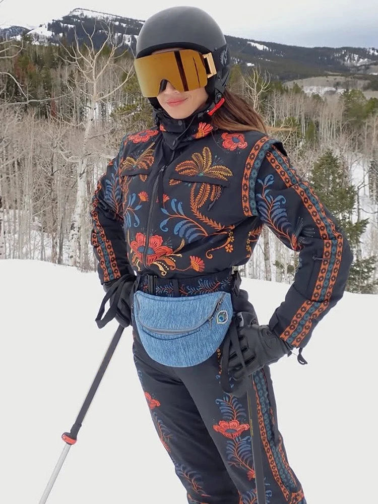 Flower Printed Women's Ski Jumpsuits Zippers Stand Collar Waist-closed Pocket Lady Rompers 2026 Autumn Winter Female Ski Wear