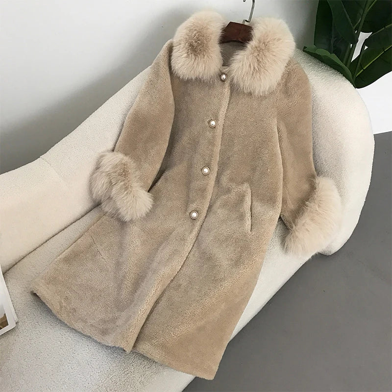 Trendix Elegant Faux Fur Collar Coat Women Winter Slim Patchwork Pocket Warm Trench Street Casual Long Faux Fox Fur Outerwear