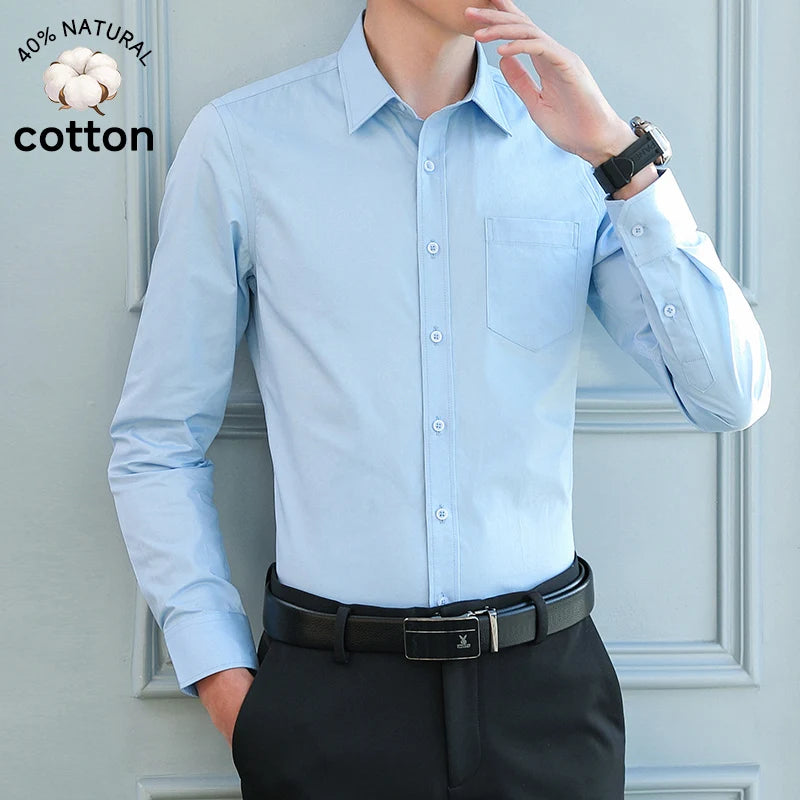 Brand Clothing High Quality Spring Summer Men's Long Sleeve Business Dress Shirt Formal Office Button Down Blue Casual Blouse
