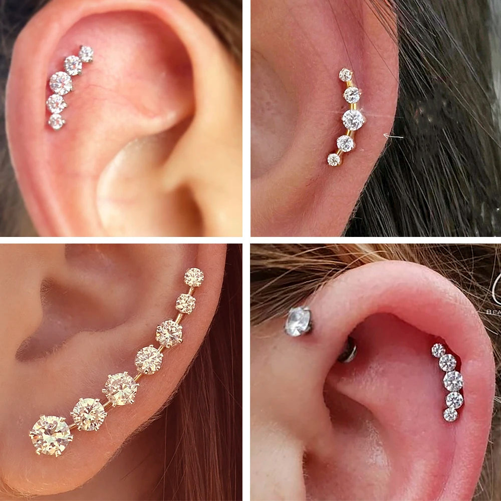 1PC Three/Five/Seven Stainless Steel Zircon Ear Tragus Cartilage Piercing Internal Thread Daith Lip Piercing Body Jewelry