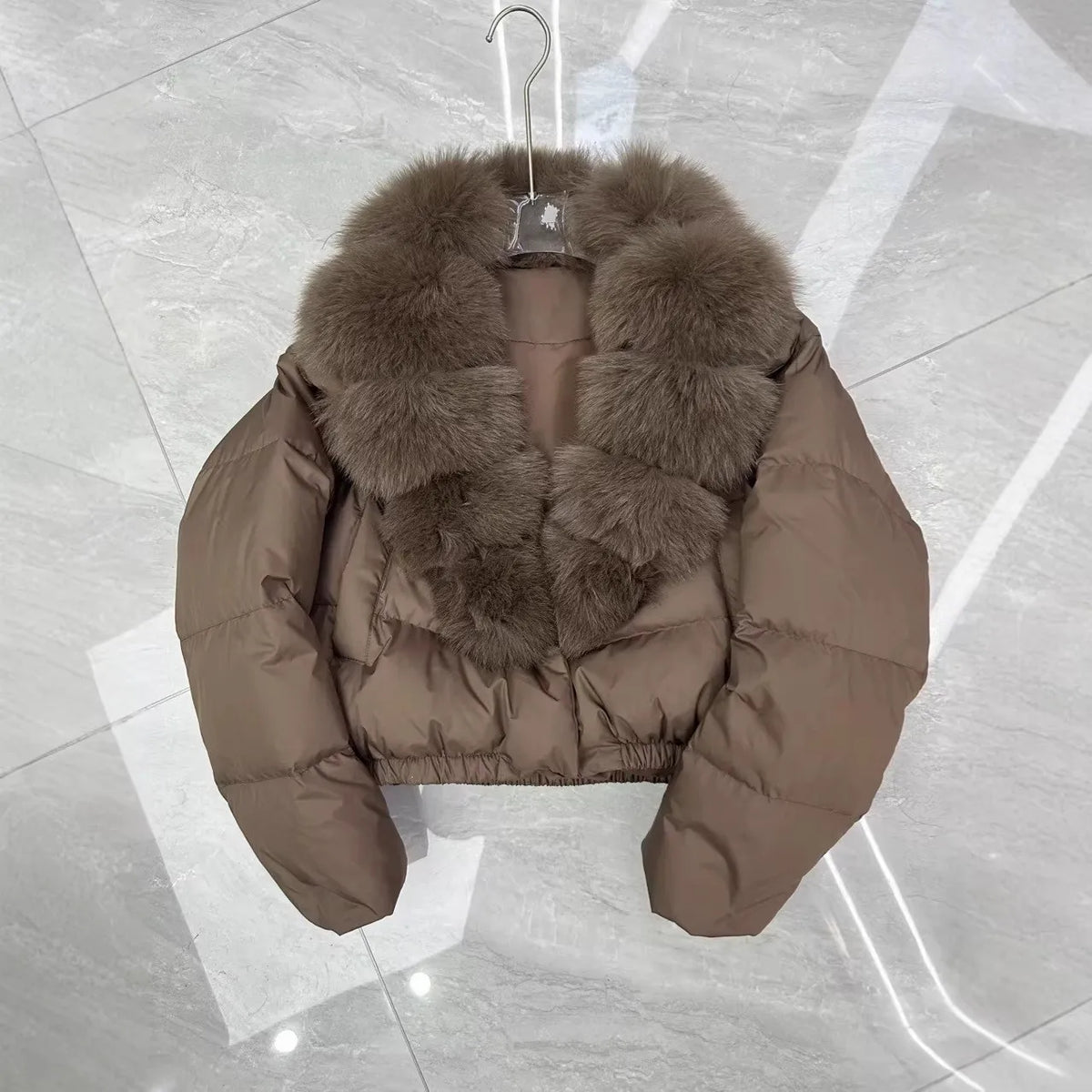 Women Cropped Puffer Jacket Long Sleeve Big Faux Fur Collar Snap Button Warm Winter Outerwear Fashion Casual Party Short Coat