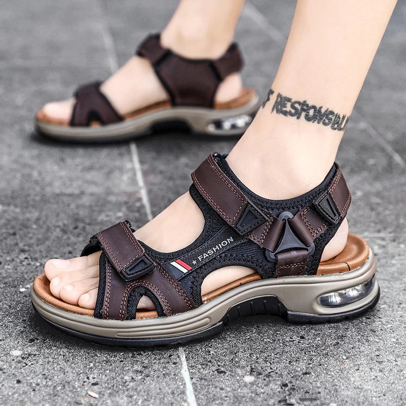 New Fashion Men's Sandals Summer Genuine Leather Sandals Outdoor Beach Sandals Non-slip Breathable Men's Wading Shoes Size 38-46