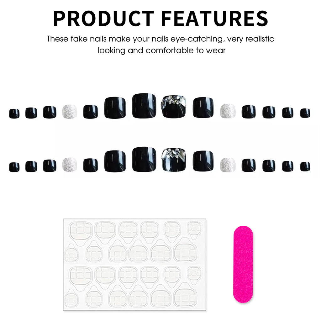 24pcs Black Fake Toenails With Rhinestones Decor Square Press On Nails Tips Long Lasting Glossy False Nails Finished Wearable