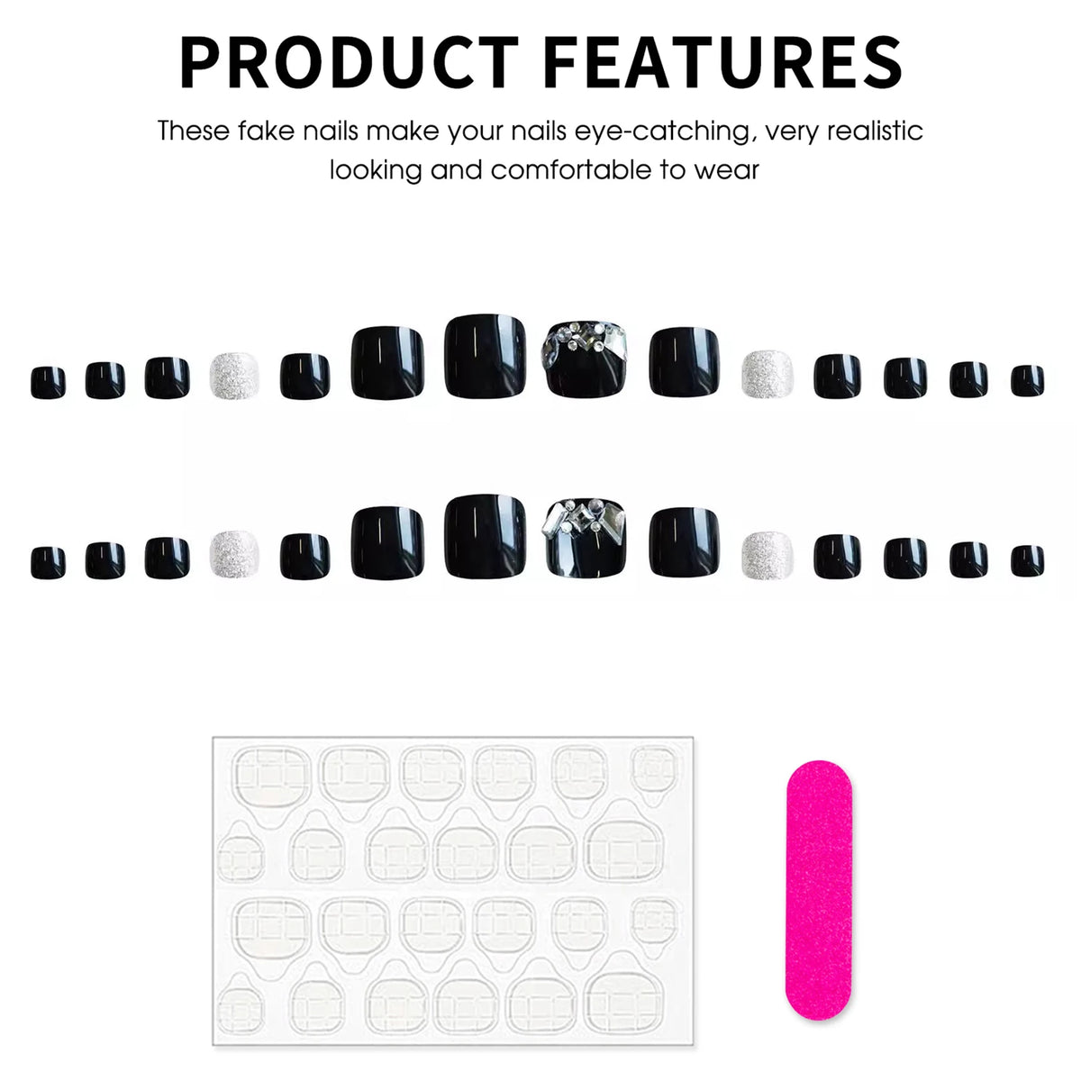 24pcs Black Fake Toenails With Rhinestones Decor Square Press On Nails Tips Long Lasting Glossy False Nails Finished Wearable