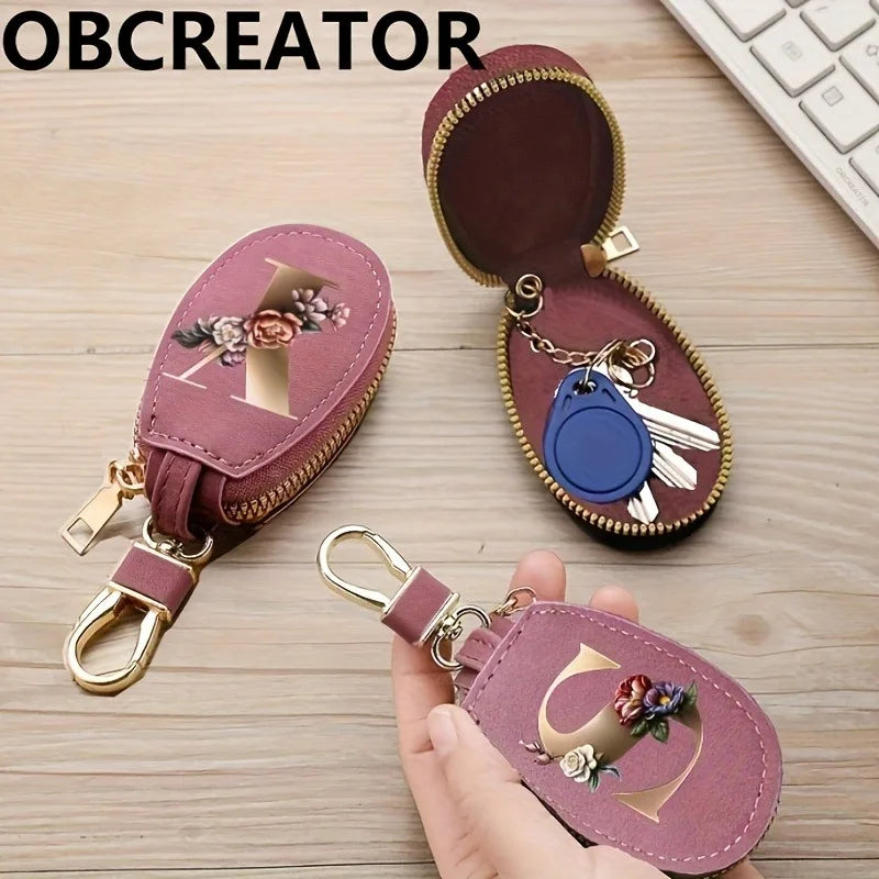 Matte rose color, unisex, 26-letter coin purse, car key gift set, PU leather car smart key bag