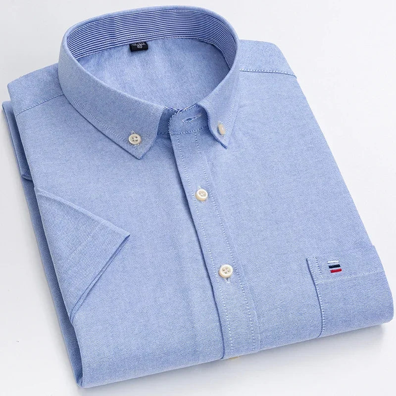 Plus Size 7XL 100% Cotton Oxford Summer Casual Short Sleeve Shirts for Men Soft Slim Fit Formal Plain Shirt White Plaid Clothes