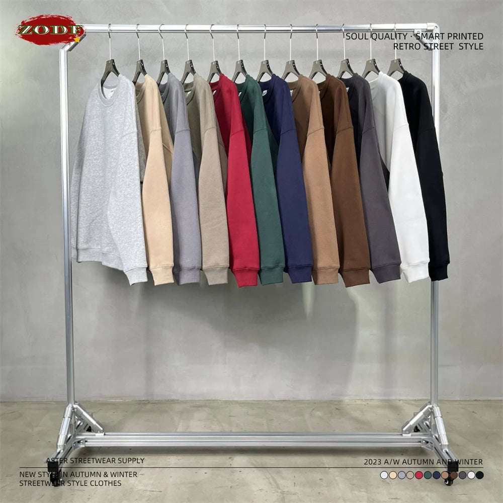 ZODF New 2025 Winter 350gsm Fleece Sweatshirts For Men Unisex Casual Loose Basic Solid O-Neck Thick Warm Pullovers HY0635