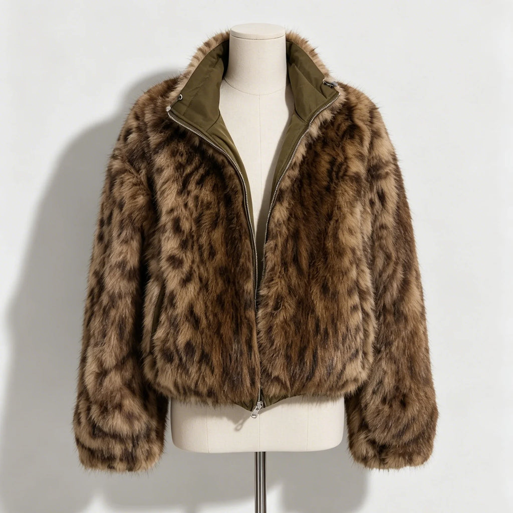 Women Reversible Leopard Print Faux Fur & Olive Nylon Cropped Jacket, Stand Collar Full Zip, Winter Warm Street Commuter