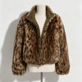 Women Reversible Leopard Print Faux Fur & Olive Nylon Cropped Jacket, Stand Collar Full Zip, Winter Warm Street Commuter