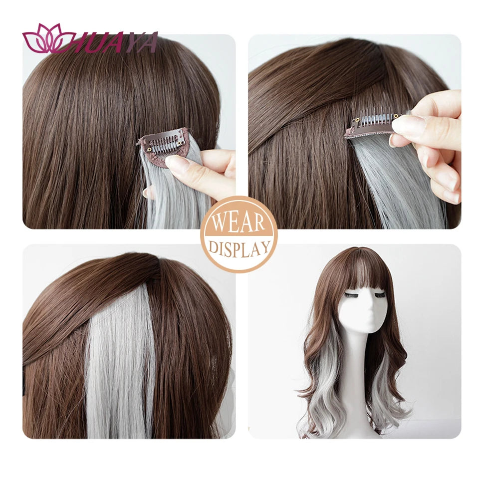 HUAYA Synthetic Long Curly Women Heat Resistant Clip In Hair Extension Hairpiece Gold Grey Purple Pink Red Colorful Extension
