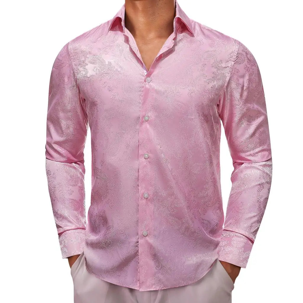 Luxury Shirts for Men Silk Long Sleeve Pink Paisley Slim Fit Male Blouses Casual Formal Tops Breathable Barry Wang