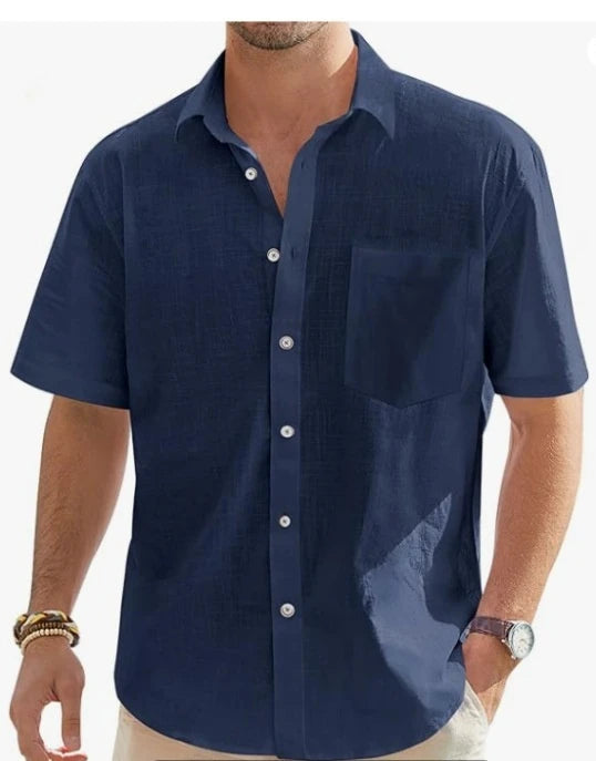 Men's-Summer-New-Style-European-and-American-Fashion-Classic-Comfortable-Breathable-Cotton-and-Hemp-Solid-Color-Top-Shirt