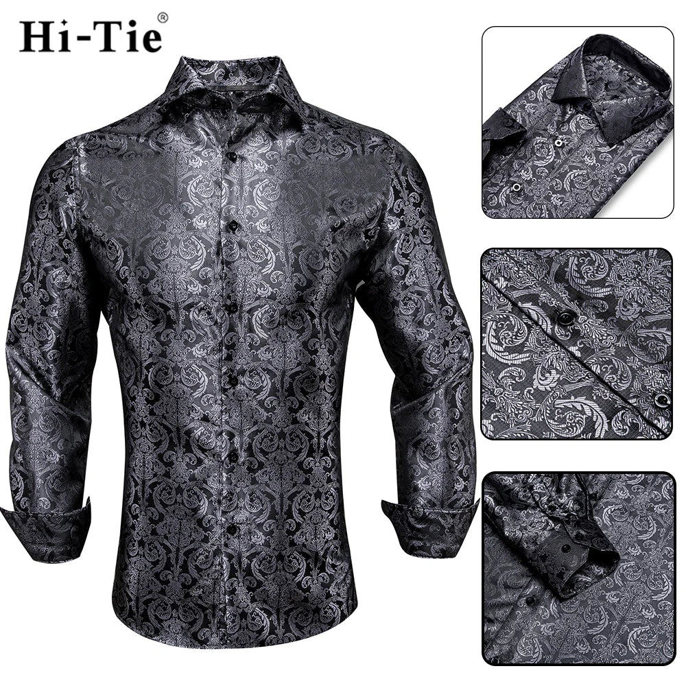 Hi-Tie Gold Black Mens Silk Shirt Paisley Floral Long Sleeve Casual Shirts For Men Jacquard Male Business Party Wedding Dress