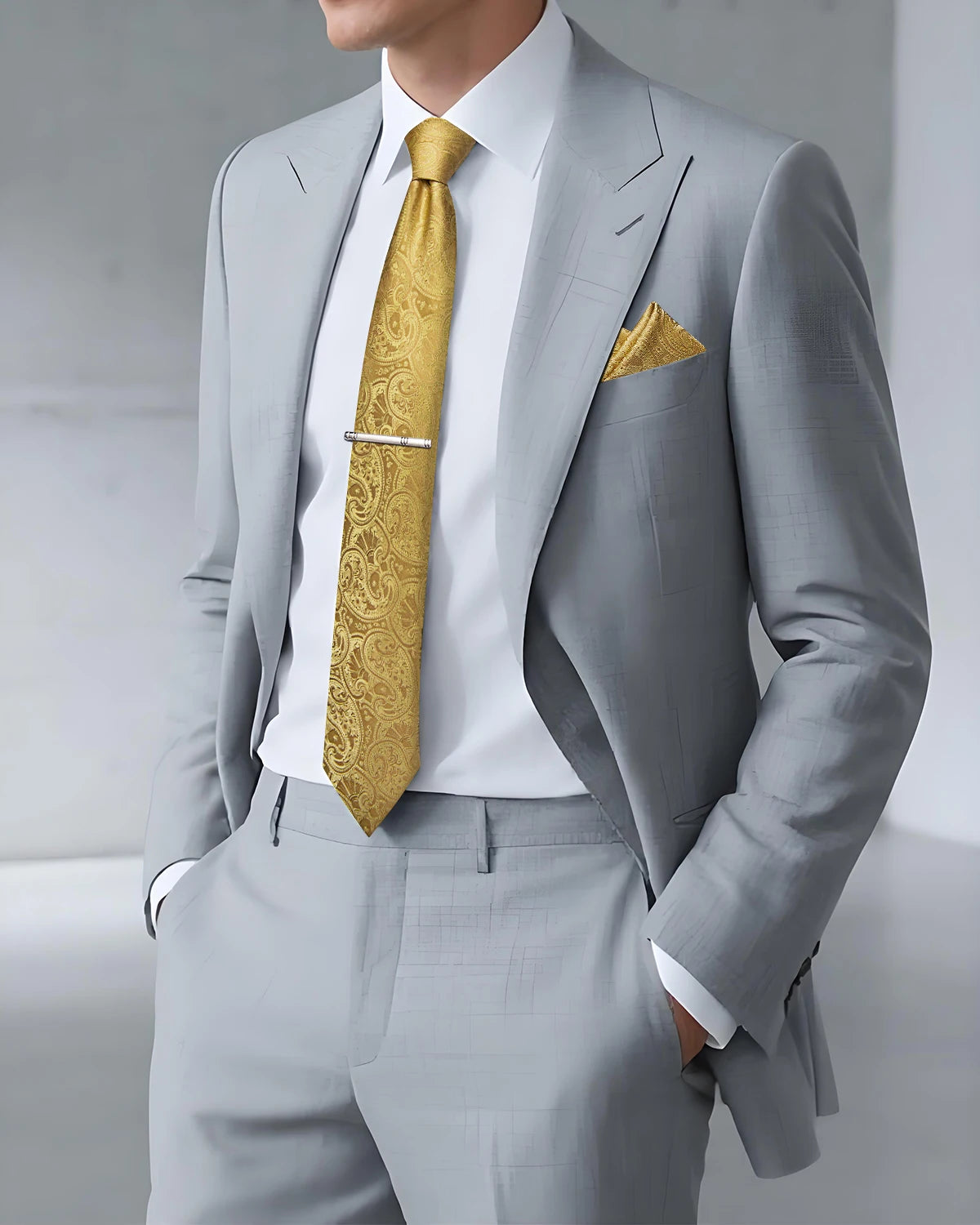 Mens Paisley Necktie 3pcs Set, Matching Pocket Square And Cufflinks, Ideal For Groom Wedding Prom Formal Events Gifting