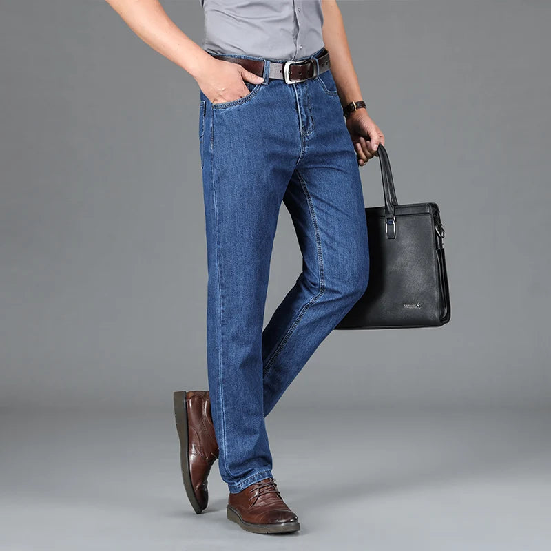 High Quality Jeans Men Spring Summer 100%Cotton Classics Business Straight Denim Pants Dark Blue Trousers Male Plus Size 40 42