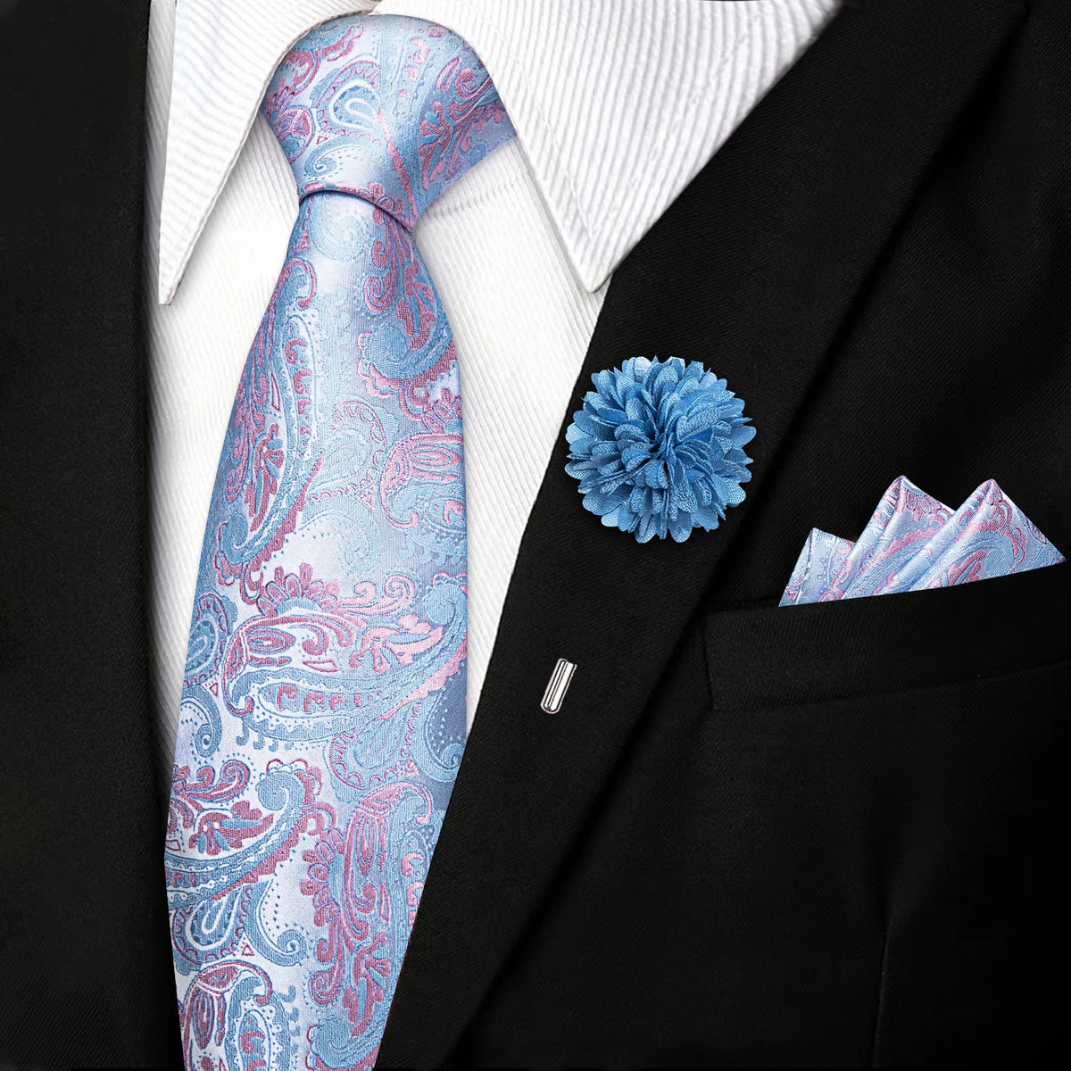 Mens Paisley Necktie 3pcs Set, Matching Pocket Square And Cufflinks, Ideal For Groom Wedding Prom Formal Events Gifting