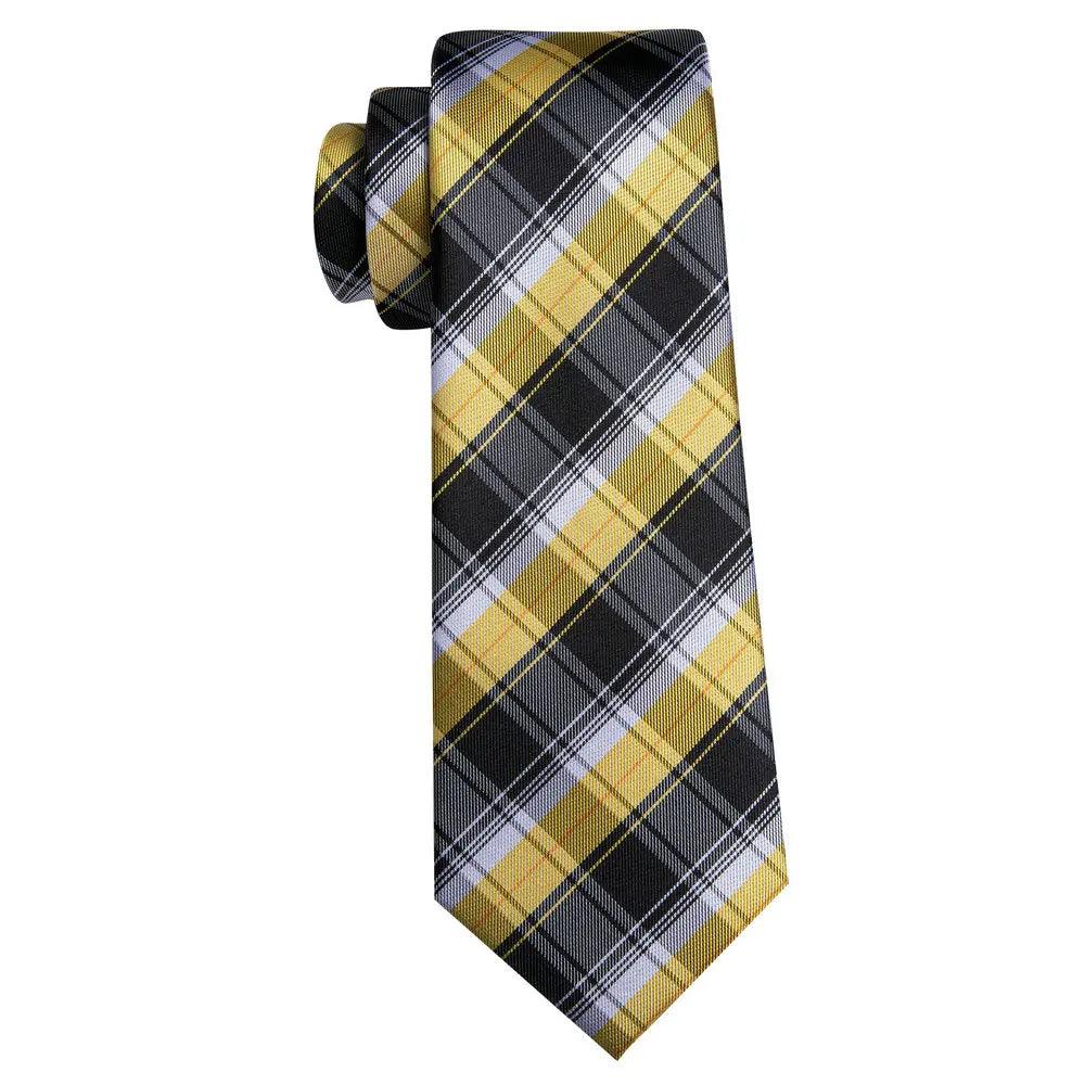 Classic Black Yellow Tie For Men With Pocket Square Cufflink Set Plaid Woven Necktie Business Designer Party Barry.Wang
