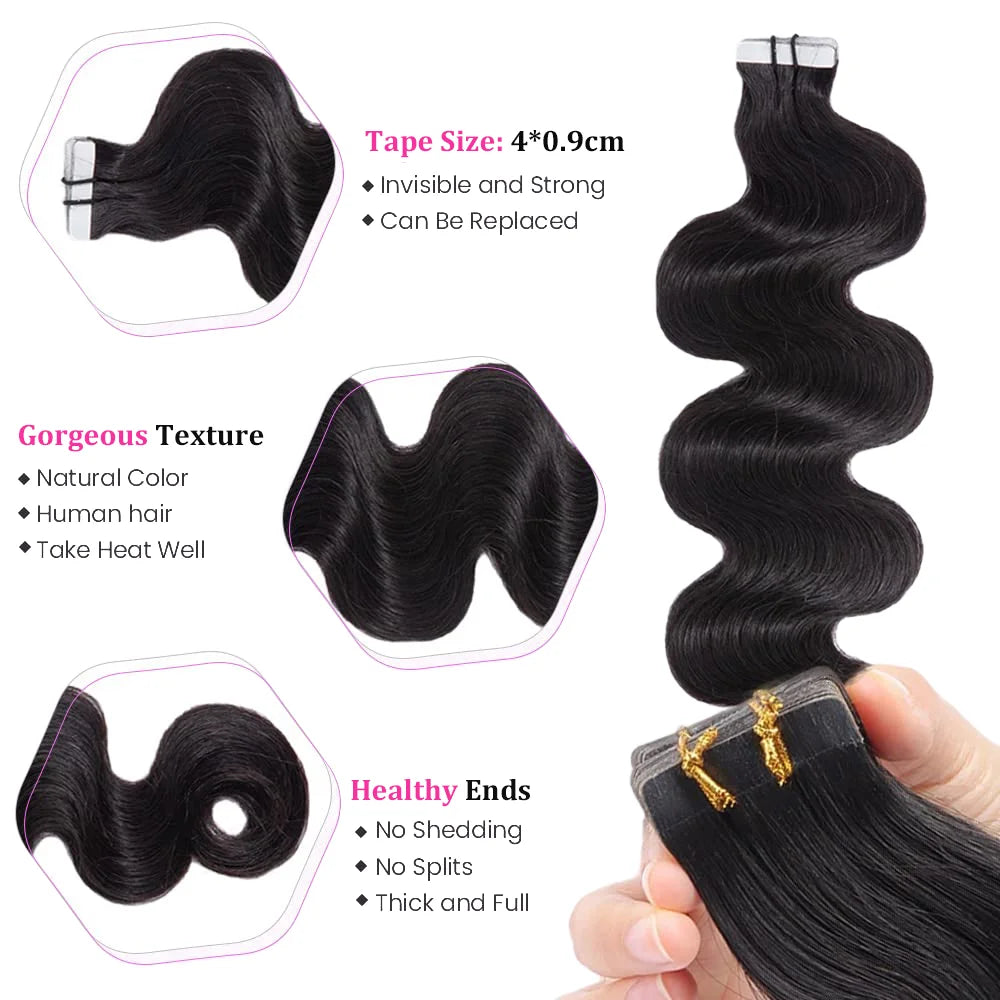 Body Wave Invisible Adhesive Tape In Hair Extensions 20pcs/Pack Skin Weft Tape Ins Machine Remy Human Hair For Women #1B