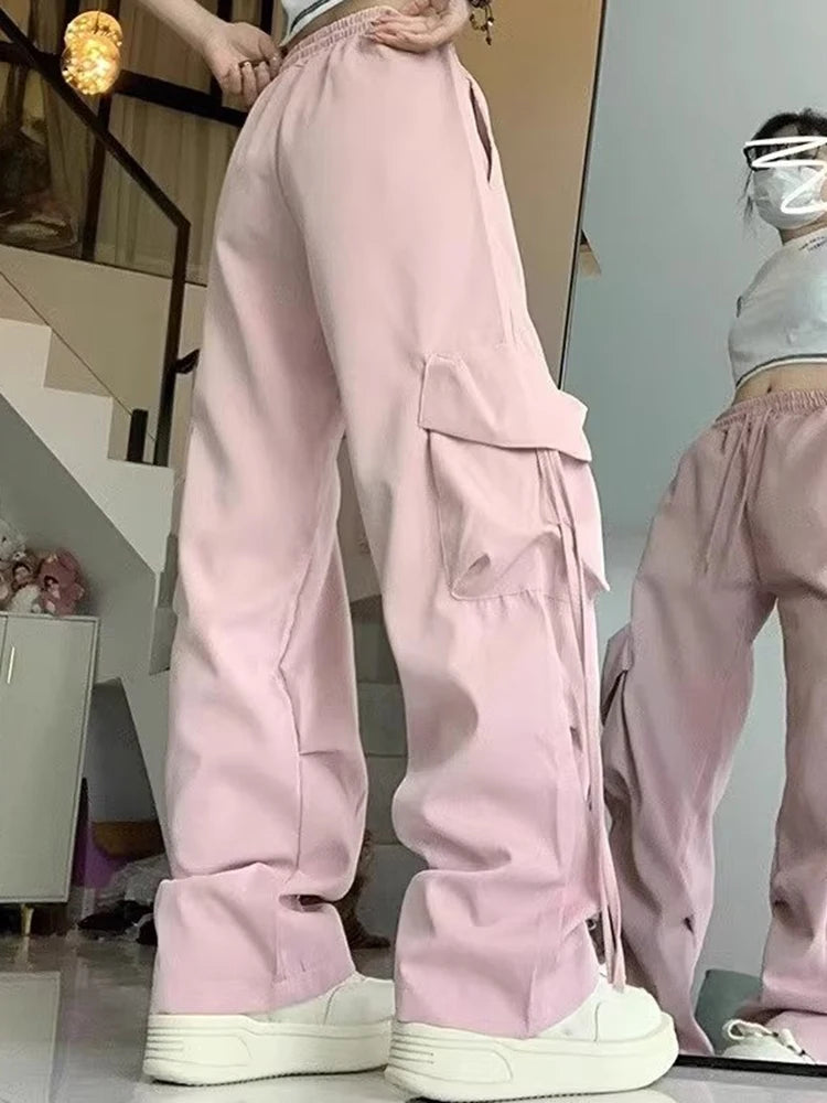 Women Korean High Waisted Slacks Lady Japanese 2000s Style Y2k Lace Up Cargo Trousers Female Yellow Pink Blue Black Joggers