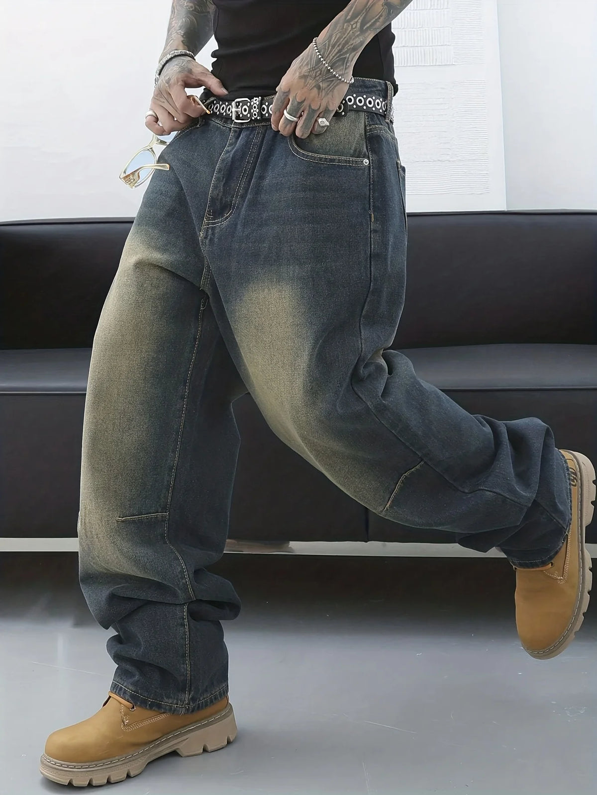 Vintage Men Y2K Baggy Denim Jeans for Men Fashion Casual Pants Streetwear Denim Hip Hop Wide-Leg Straight Casual Trousers