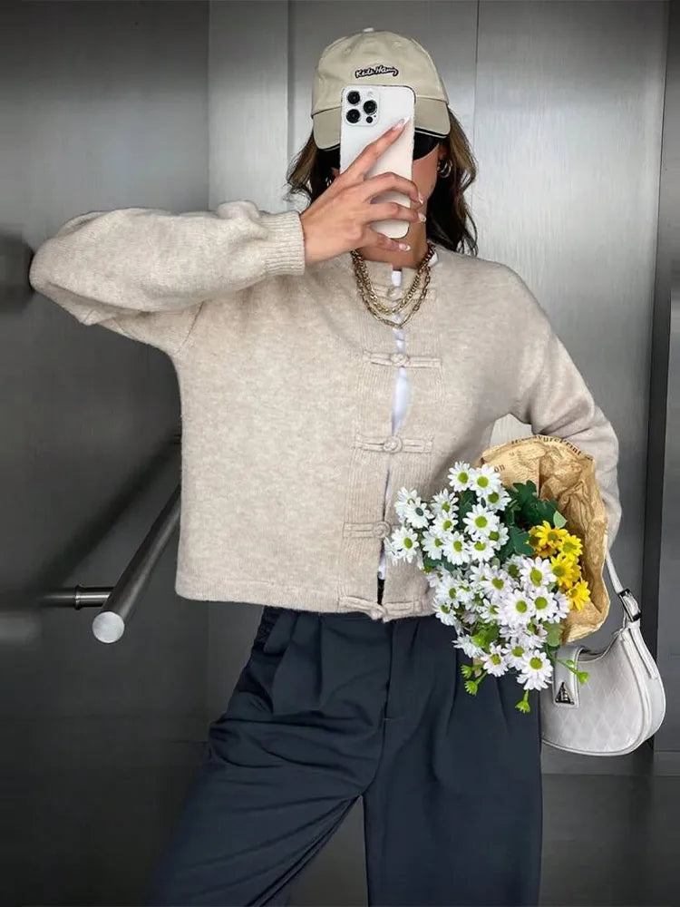 Elegant Knit Grey Women Cardigan Fashion Long Sleeve Button O-neck Female Knitwear 2026 Autumn Winter Fashion Lady Sweater
