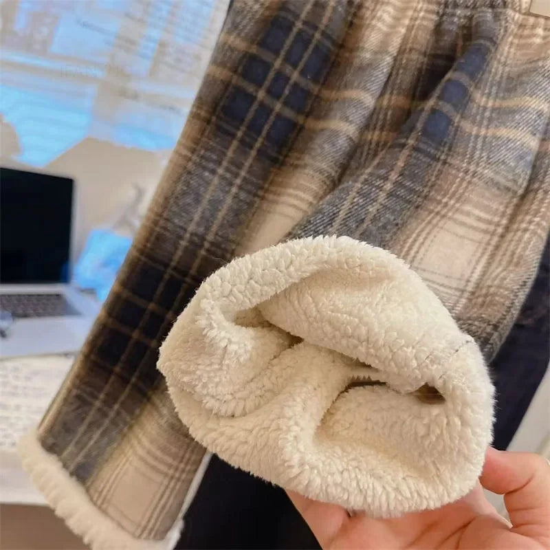 Winter Girls Lamb Wool Plush Warm Casual Pants Thickened Fleece  Children Wide Leg Pant Fashion Baby Plaid Trousers Kid Clothing