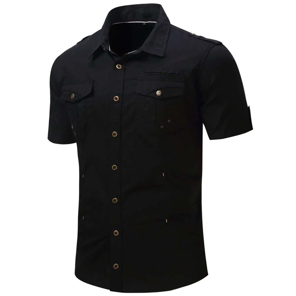2025 New Fashion Men's Short Sleeve Safari Shirt Tops Summer 100% Cotton Solid Color Casual Cargo Work Shirts with Pocket