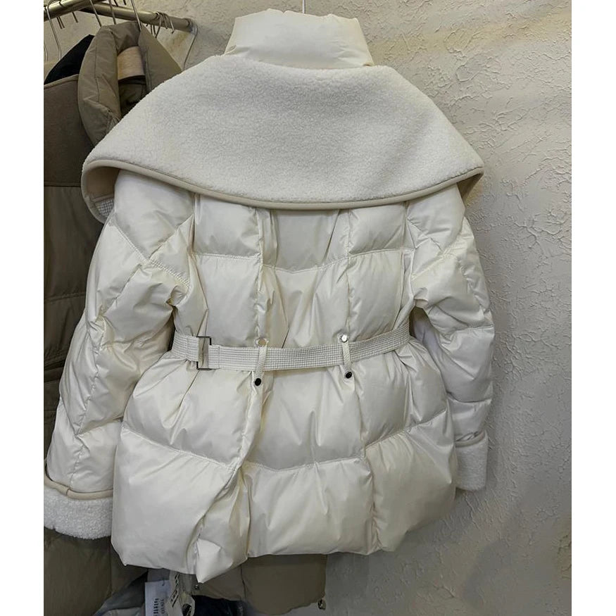 Women's Lamb Collar Patchwork Puffer Coat 2026 Winter New Short Down cotton Outerwear Long Sleeve Warm Waist Casual Zip Jacket
