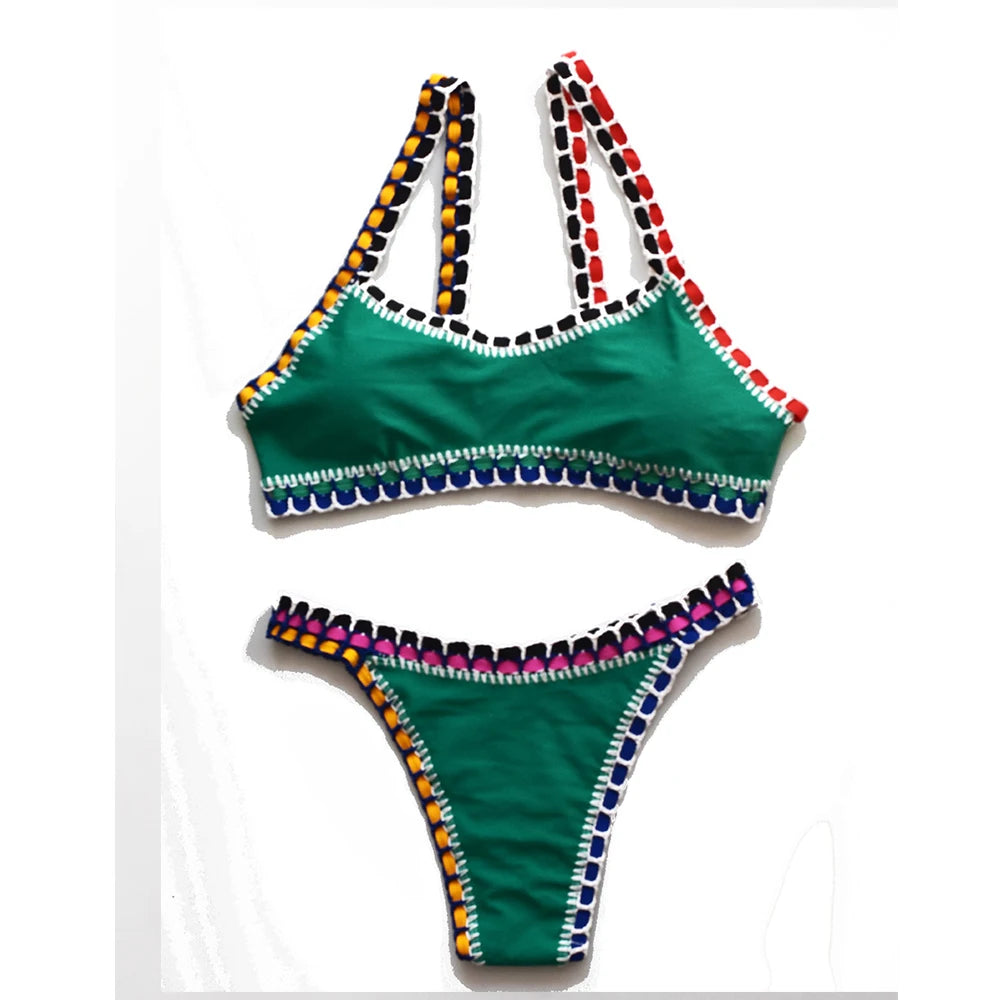 Corchet Bikini Swimsuit Women Soild Swimwear High Leg Two Piece Bathing Suit High Waist Beachwear Bandeau Biquini