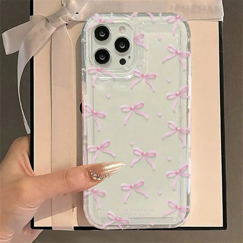 Cute Pink Heart Bow Phone Case for IPhone 18 17 16 15 14 13 12 11 Pro Max 13 12 Mini 17Air 16e Shockproof Soft Clear Cases Coque