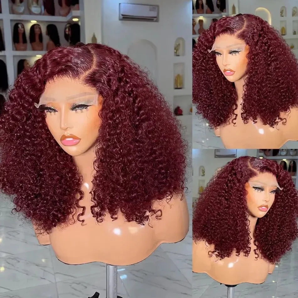 99J Red Burgundy Color Short Bob Cut Jerry Curly Synthetic 13X4X1 Lace Front Synthetic Wig For Women Preplucked Bleach Knots