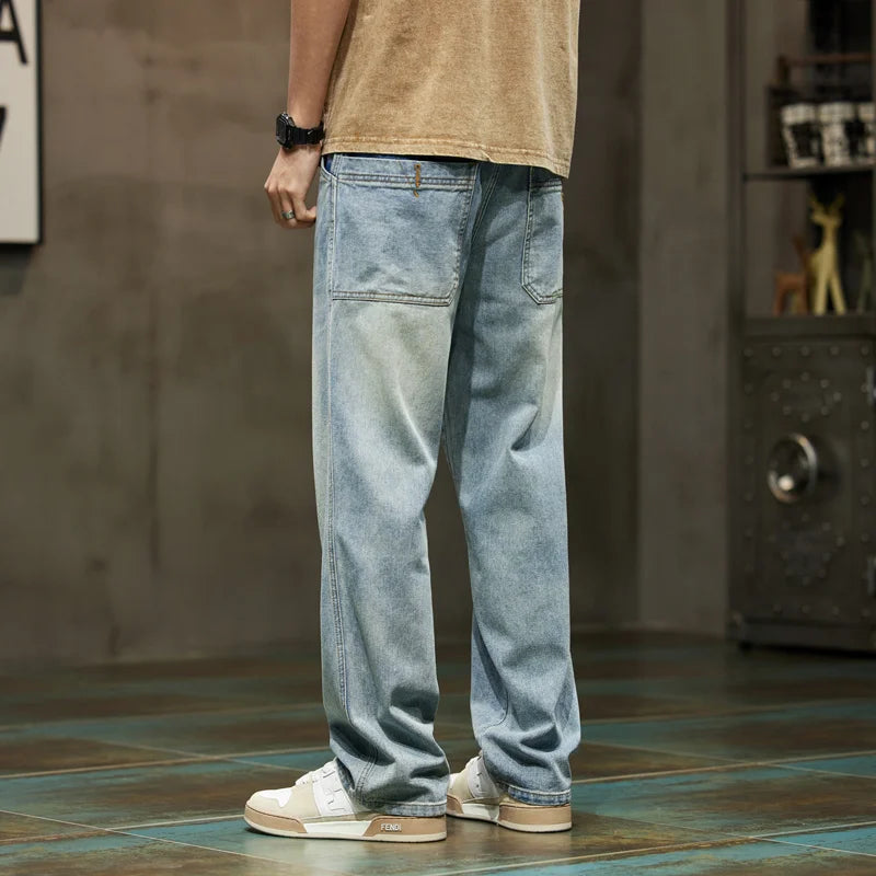 2024 Autumn New Solid Color Jeans Men's Four Seasons Loose Versatile Straight Pants Korean Style Trendy Workwear Long Pants