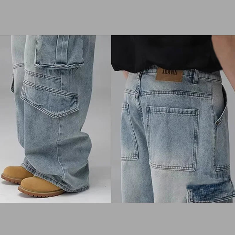 Men'S Spring And Summer Multi Pocket Workwear Design Jeans Retro Washed Japanese And Korean Casual Pants Loose Wide Leg Pants