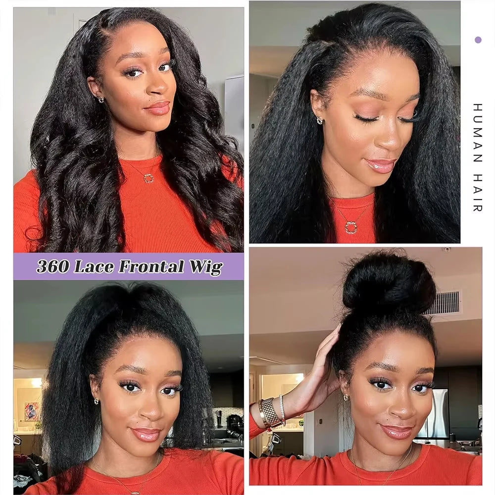 Invisible Strap HD 360 Lace Front Wigs Human Hair Kinky Straight 250 Density Precut 360 Full Lace Wig Drawstring Glueless Wig