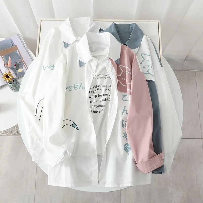 New 2025 Preppy Style Youth Loose Long Sleeved Shirt for Man Spring and Autumn Shirts Men Japanese Cartoon Cat Shirt Couples