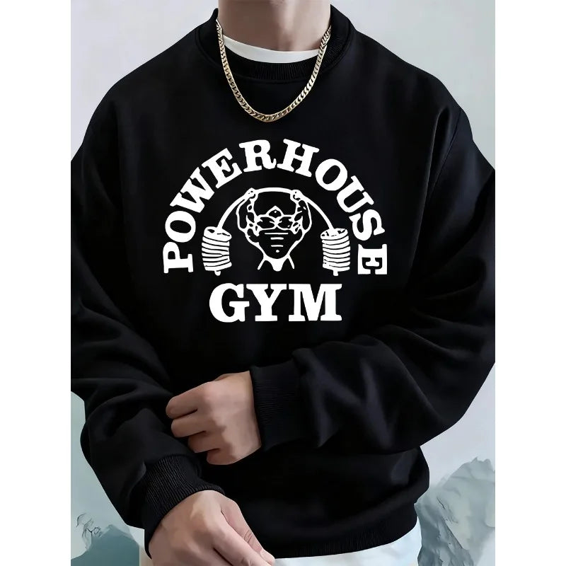 Powerhouse Gym Letter Printing Men Sweatshirts Winter Fleece Warm Hoodie Korean Loose Crewneck Pullovers Hip Hop Male Clothes