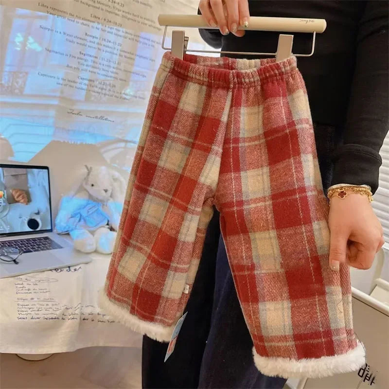 Winter Girls Lamb Wool Plush Warm Casual Pants Thickened Fleece  Children Wide Leg Pant Fashion Baby Plaid Trousers Kid Clothing