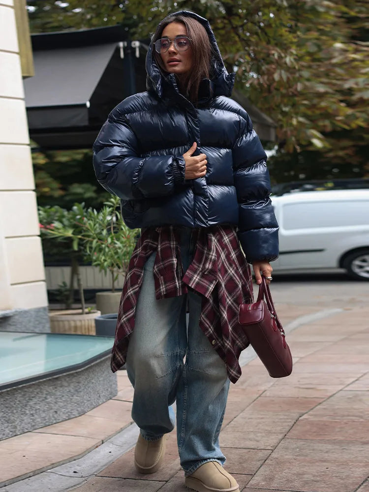 Chic Glossy Zipper Hooded Coat Women's Warm Elastic Waist Pleated Cropped Puffer Jacket 2026 Winter New Lady High Street Outwear
