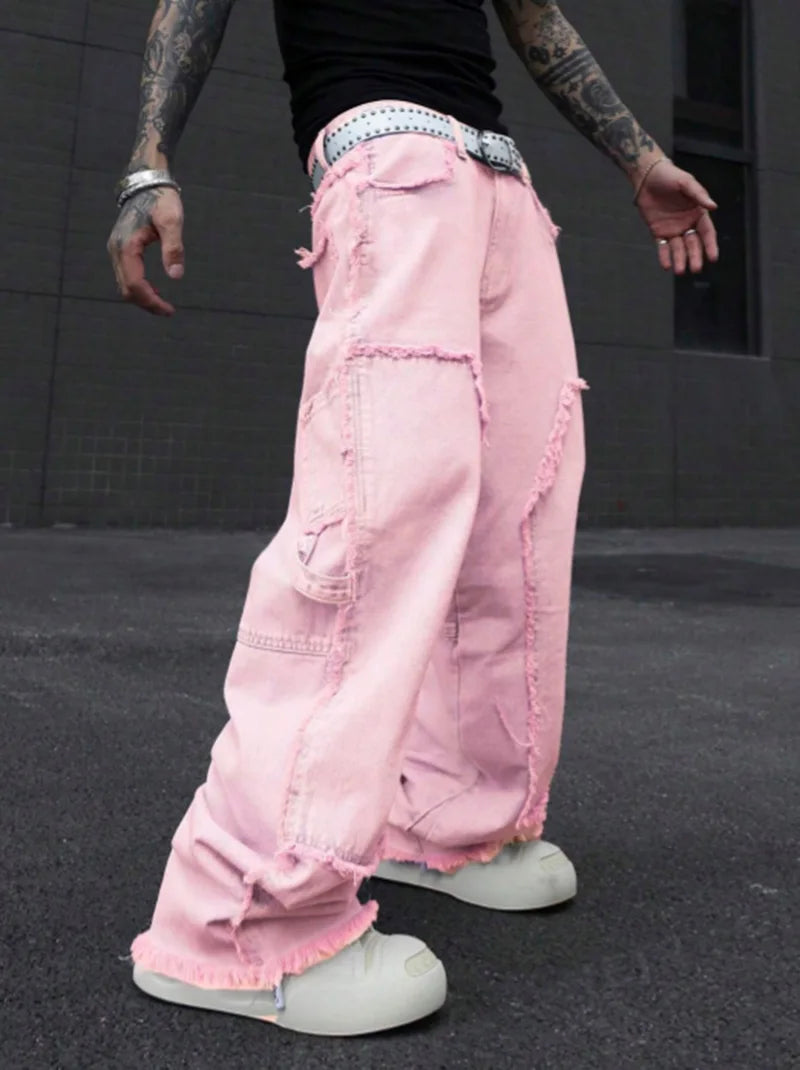 Pink Frayed Wide-Leg All-Season Cargo Denim Jeans