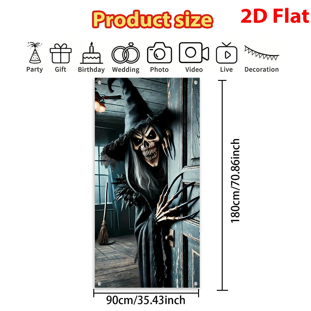 Halloween Scary Skeleton Witch Door Haunted House Front Porch Garage Decor Horror Party Photo Backdrop Spooky Decoration