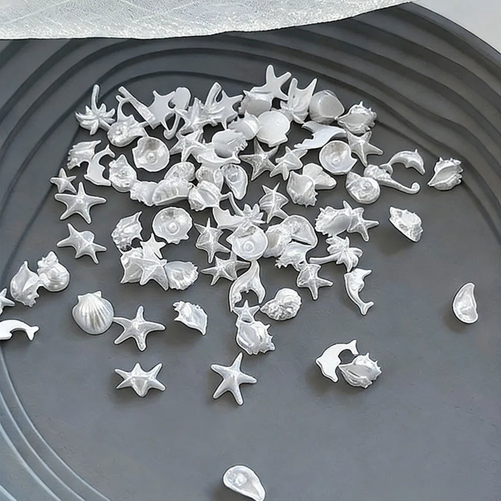 50pcs Mixed Ocean Series Nail Art Decorations White/Blue/Aurora Starfish Scallop Dolphin Nail Charm Marine DIY Manicure Supplies
