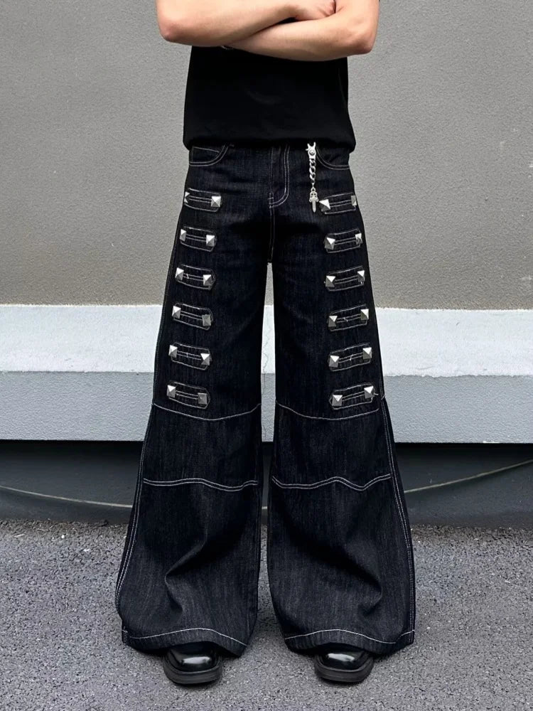 2026 Punk Y2K Style Rivet Design Black Baggy Jeans Pants For Men Clothing Wide Leg Cotton New Rock Long Trousers Pantaloni Uomo