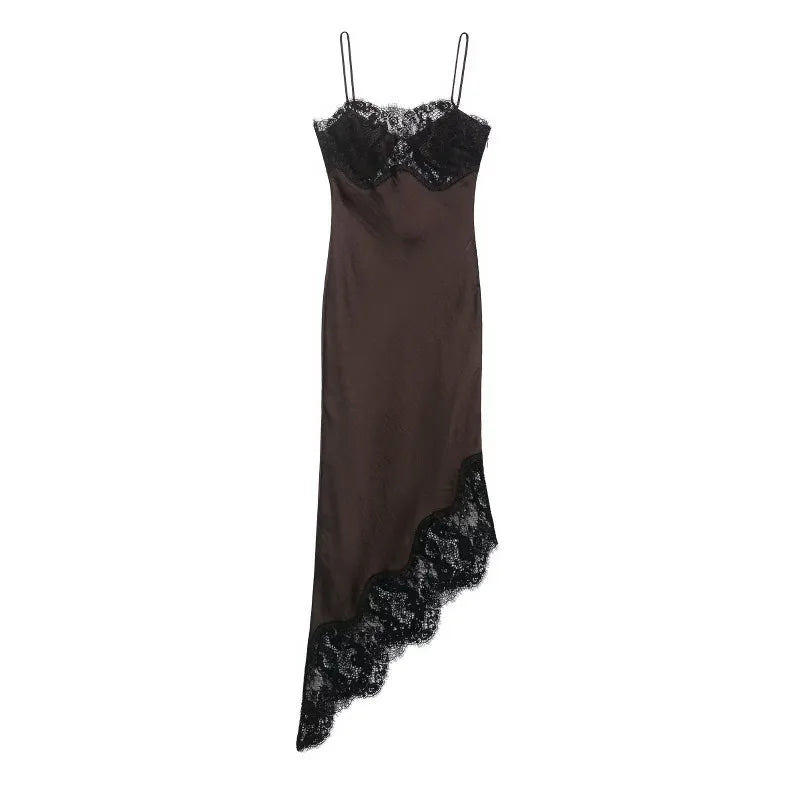 Talenza Vintage Lace Dress Fashion Asymmetrical Lace Patchwork Satin Strapless Dress Sexy High-Waisted Women Party Evening Dress