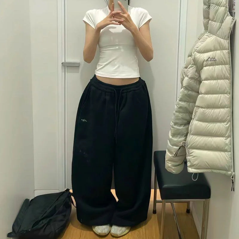 Retro Lazy Style Wide Leg Sweatpants Loose Sporty Floor-Length Trousers Autumn Winter Casual Comfortable Long Pants