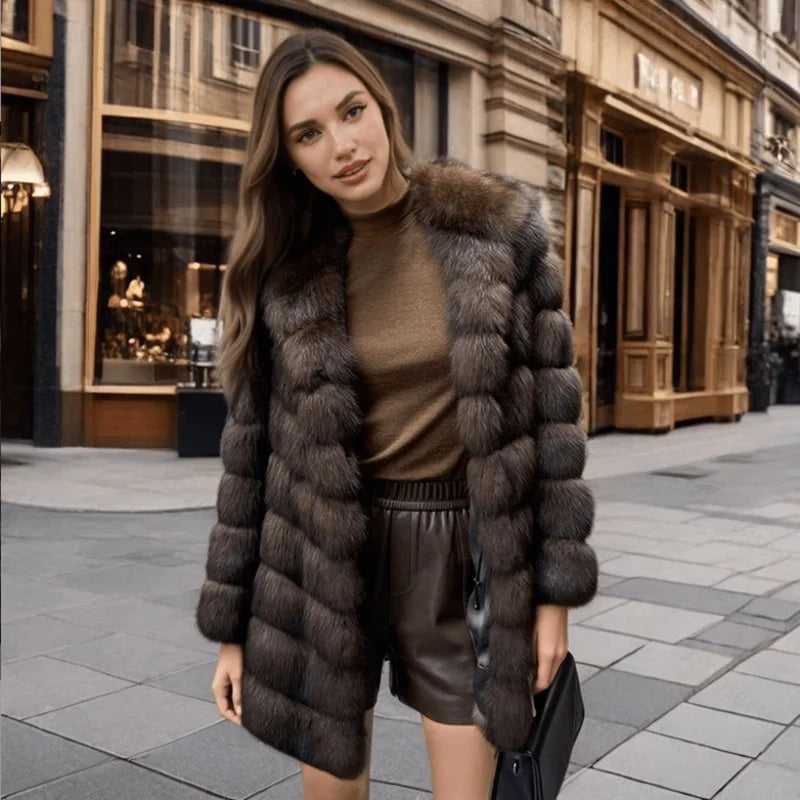 Open-front, button-down, hooded, plush women's coat, mink mid-length fur coat, winter warm windbreaker