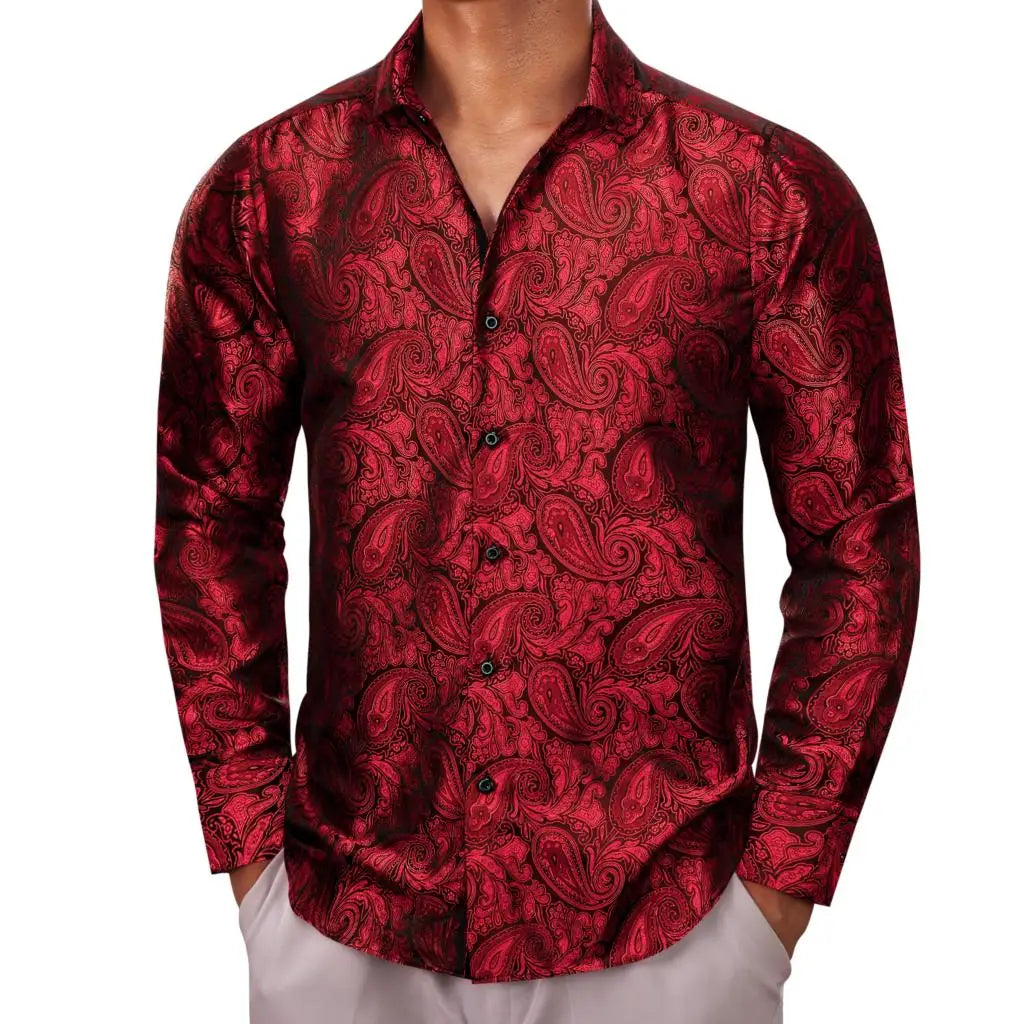 Luxury Shirts for Men Silk Long Sleeve Pink Paisley Slim Fit Male Blouses Casual Formal Tops Breathable Barry Wang
